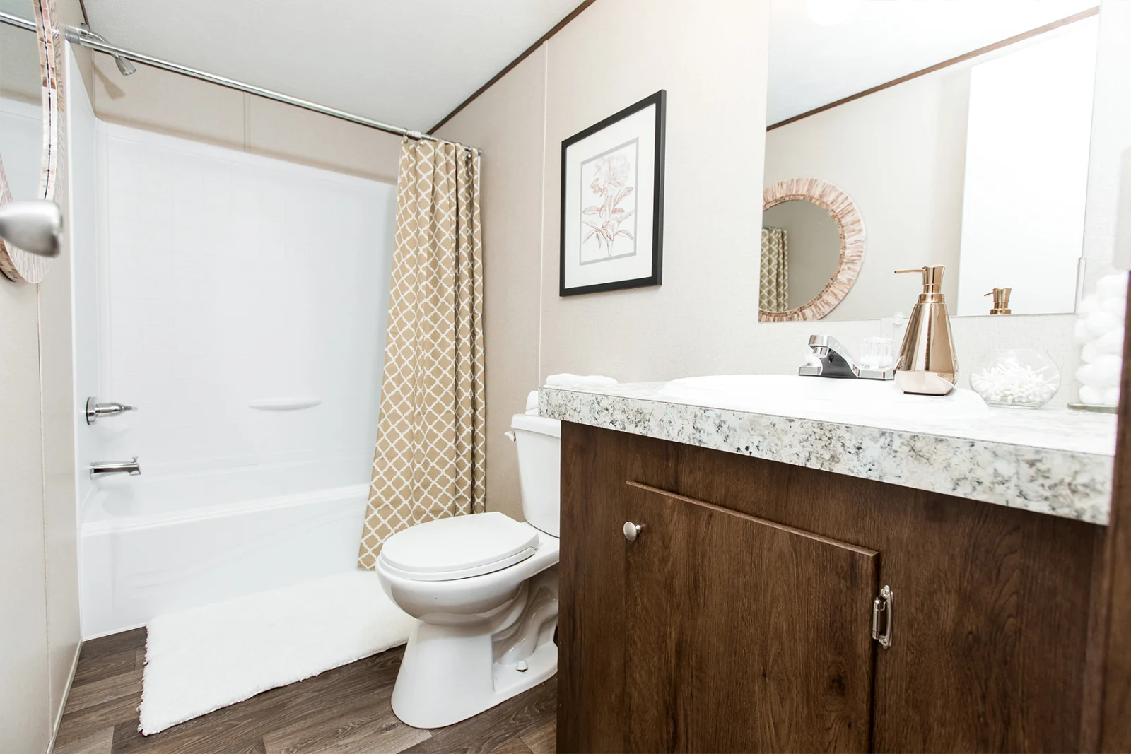 Full bathroom inside a two-bedroom park model home