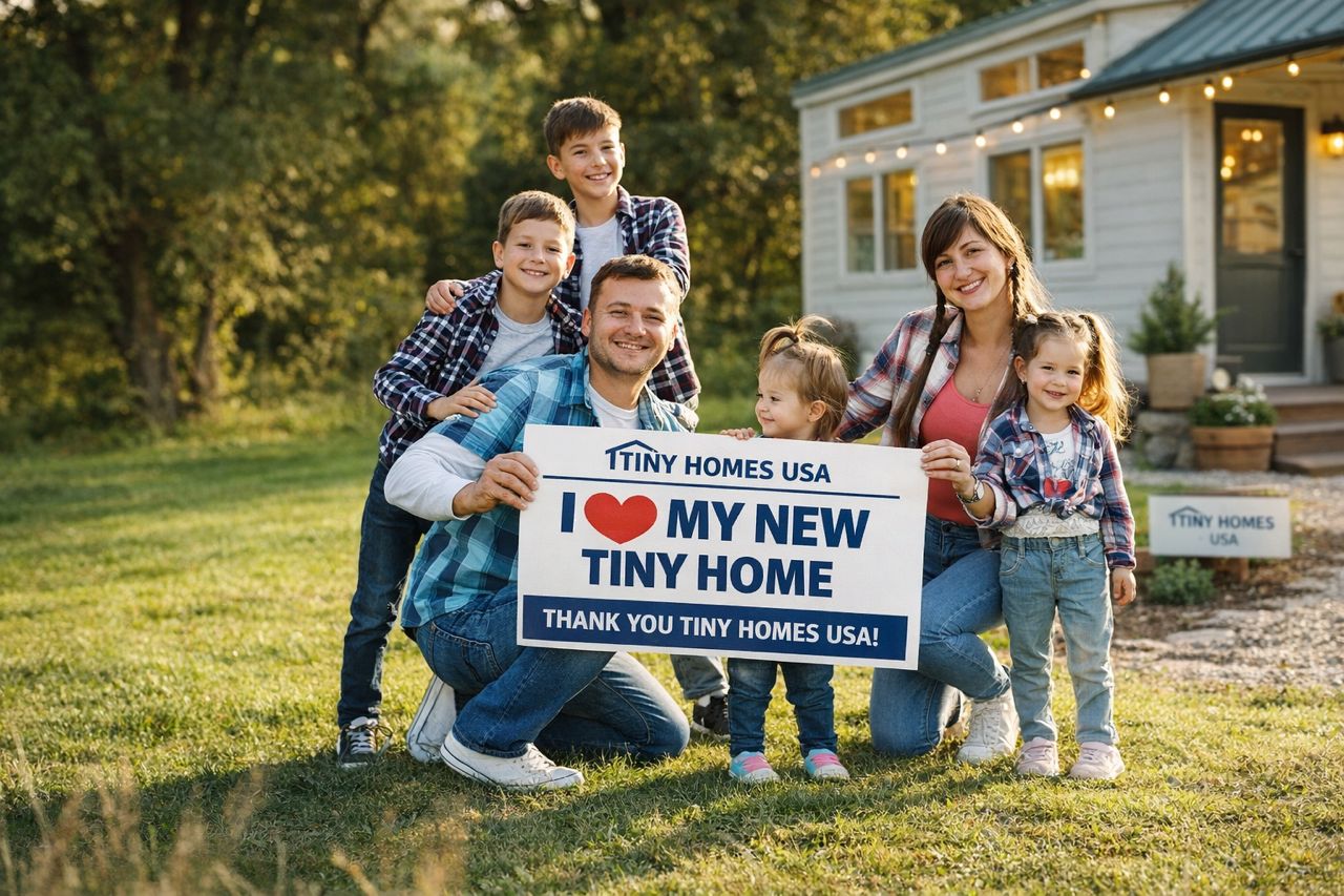 Family Enjoying Their New Tiny Home Interior - Tiny Homes USA Lifestyle • Alt Text: A family, including a couple and a baby, happily sits on the stairs inside their bright, modern tiny home, showcasing the spacious interior and loft area.