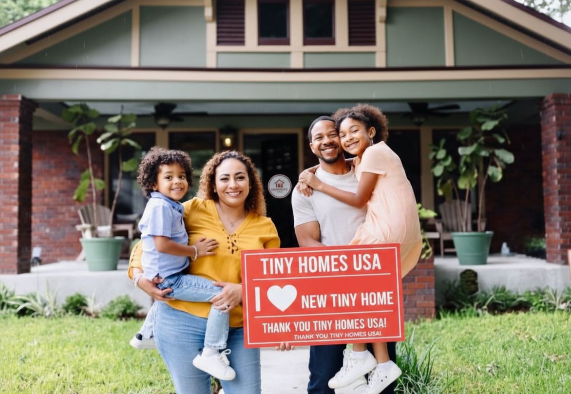 Excited Family with Tiny Homes USA Representative - “I Love My New Tiny Home” Testimonial • Alt Text: An excited family (mother, father, and daughter) with a Tiny Homes USA representative, holding a sign that reads “TINY HOMES USA I ❤️ MY NEW TINY HOME THANK YOU TINY HOMES USA!”.